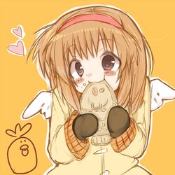  brown_eyes brown_hair brown_mittens coat commentary_request eating female food hairband heart kanon mittens natsu_(norari_kurari) short_hair solo taiyaki tsukimiya_ayu wagashi wings 