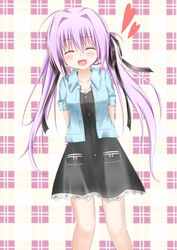  1/2_summer ^_^ blush bow casual closed_eyes commentary_request esureki female hair_ornament hair_ribbon hairbow heart kuonji_sora long_hair open_mouth purple_hair ribbon smile solo twintails 