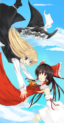  2girls bad_id bad_pixiv_id blonde_hair blue_eyes bow cloud day detached_sleeves dress falling hairbow hakurei_reimu hat kirisame_marisa multiple_girls niboss open_mouth photoshop_(medium) red_eyes sky touhou witch_hat 