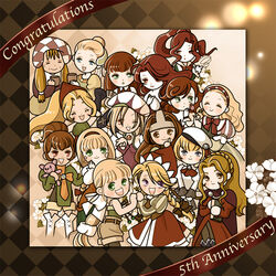  6+girls armor armored_dress belt blonde_hair braid breasts commentary cordelia_(saga) diana_(saga) dress earrings eleanor_(saga) english_commentary gloves green_eyes jacket jewelry labelle long_hair looking_at_viewer maronee_san medium_breasts meythia misty_(saga_frontier) multi-tied_hair multiple_girls nina_cochrane pantyhose pantyhose_under_shorts photoshop_(medium) primiera_(saga) queen_marie red_hair saga saga_frontier_2 shorts virginia_knights 