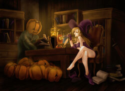  1boy ankle_boots bare_shoulders blonde_hair book boots bottle breasts candle candlelight carrying cleavage commentary_request crossed_legs deneb_rove drawdragon dress female gloves hat holding holding_smoking_pipe indoors inkwell jack-o&#039;-lantern lamp large_breasts leaning_forward legs long_hair looking_at_another microdress open_book pumpkin pumpkinhead_(ogre_battle) purple_dress purple_footwear purple_gloves purple_hat quill revision scroll shelf single_boot sitting smile smoking smoking_pipe strapless strapless_dress sword table tactics_ogre taut_clothes taut_dress thighs toes tunic unworn_boots weapon witch witch_hat yellow_eyes 