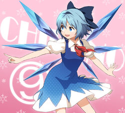  blue_bow blue_eyes blue_hair bow circled_9 cirno commentary_request dress female hairbow k-kun photoshop_(medium) pointing short_hair smile solo touhou wings 