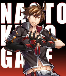  1boy ahoge asymmetrical_gloves blazblue blazblue:_central_fiction brown_eyes brown_hair character_name clenched_hand commentary_request gloves high_collar kaneaki_mukku male_focus mismatched_gloves naoto_kurogane navel own_hands_together photoshop_(medium) solo spiked_hair spread_fingers 