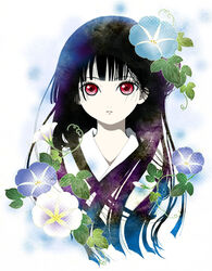  black_hair blue_flower commentary_request enma_ai expressionless eyelashes female flower japanese_clothes jigoku_shoujo kimono long_hair looking_at_viewer morning_glory parted_lips red_eyes solo upper_body white_flower yoiyoi 