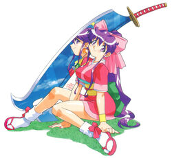  bow dancing_blade female hairbow highres huge_bow japanese_clothes kimono long_hair momohime_(dancing_blade) pink_bow pink_kimono ponytail purple_eyes purple_hair reflection sandals short_kimono simple_background sitting solo sword weapon yoshizaki_mine yukata 