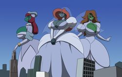  anthro big_breasts breasts bride bridezilla clock-face clothed clothing dress eyewear female glasses godzilla godzilla_(series) group hair huge_breasts lizard macro melody_(disambiguation) non-mammal_breasts reptile scalie smile standing teeth toho wedding_dress 