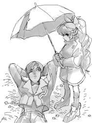  1boy commentary_request female gakudou_(rom3boom) greyscale image_sample kazuma_(scryed) monochrome pixiv_sample scryed short_hair umbrella white_background yuuta_kanami 