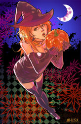  artist_name bare_shoulders boots breasts checkered_background cleavage commentary_request crescent_moon deneb_rove dress earrings elbow_gloves female floral_background food gloves hat holding holding_food holding_pumpkin holding_vegetable ideissai jewelry leaning_forward lips long_hair looking_to_the_side medium_breasts microdress moon night ogre_battle open_mouth orange_eyes orange_hair photoshop_(medium) pumpkin purple_dress purple_footwear purple_gloves purple_hat sky solo star_(symbol) star_earrings strapless strapless_dress texture thigh_boots thighhighs vegetable witch witch_hat zettai_ryouiki 