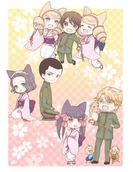  3boys 4girls agemaki_kei animal_ears arm_grab asa_no_ha_(pattern) bad_id bad_pixiv_id beads black_eyes black_hair blonde_hair blush bonbori bow brown_eyes chibi closed_eyes couple crossed_arms distress drill_hair everyone fox_ears hair_ornament hair_ribbon hairbow hanakiri_ganryuu hoozuki_(otome_youkai_zakuro) japanese_clothes kimono kiri_(otome_youkai_zakuro) long_hair maid_headdress mamezou_(otome_youkai_zakuro) military military_uniform multiple_boys multiple_girls obi open_mouth otome_youkai_zakuro purple_eyes ribbon sakura_(otome_youkai_zakuro) sash short_hair siblings sisters sitting smile standing straight susukihotaru tayu traditional_youkai twins twintails uniform yellow_eyes yoshinokazura_riken zakuro_(otome_youkai_zakuro) 