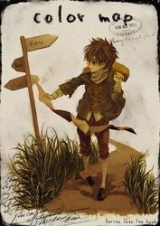  1boy bad_id bad_pixiv_id black_hair bread brown_eyes darren_shan food food_in_mouth hys122211 male_focus map road road_sign scarf sign socks solo striped_clothes striped_scarf striped_socks suitcase the_saga_of_darren_shan vertical-striped_clothes vertical-striped_socks 