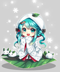  :d aqua_eyes aqua_hair arakunae bad_id bad_pixiv_id blush chibi female hatsune_miku highres hood japanese_clothes kimono leaf leaf_on_head long_hair open_mouth photoshop_(medium) sleeves_past_wrists smile snow_rabbit snowflakes solo standing tabi twintails uchikake vocaloid wataboushi white_kimono yuki_miku yuki_miku_(2013) 