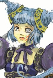  animated animated armor blue_eyes blue_hair breasts facepaint facial_tattoo female kouklotheatro lolita_(kouklotheatro) lolita_fashion long_hair lowres ribbon samos_vulter solo spikes tattoo upper_body 