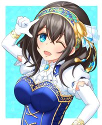  ;d ascot black_hair blue_eyes blush bracelet bright_memories_(idolmaster) commentary_request elbow_gloves female gloves hair_ornament headband idolmaster idolmaster_cinderella_girls idolmaster_cinderella_girls_starlight_stage jewelry long_hair looking_at_viewer nikukyuu_(vento-aureo-giogio) one_eye_closed open_mouth sagisawa_fumika smile solo white_gloves 