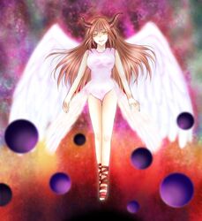  akura_(arc_the_lad) angel_wings arc_the_lad arc_the_lad_ii breasts dress feathered_wings female flying highres long_hair magic no_pants red_hair solo wings 