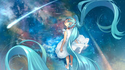  :o absurdly_long_hair aqua_eyes aqua_hair arms_at_sides choker commentary_request dress female floating_hair from_above from_behind hair_between_eyes hatsune_miku head_tilt headphones high_heels long_hair looking_at_viewer looking_back no_socks photoshop_(medium) sakikko shaft_look shoes shooting_star sky sleeveless sleeveless_dress solo standing star_(sky) star_(symbol) starry_background starry_sky strappy_heels twintails very_long_hair vocaloid white_dress white_footwear 