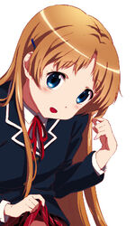  alternate_hairstyle blonde_hair blue_eyes chuunibyou_demo_koi_ga_shitai! commentary_request dekomori_sanae female hair_down icho_private_high_school_uniform long_hair makinon_tm photoshop_(medium) school_uniform solo 