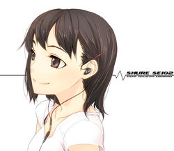  brown_eyes brown_hair commentary_request earbuds earphones female hair_ornament hairclip in-ear_earphones photoshop_(medium) sasetsu short_sleeves shure smile solo upper_body waveform 