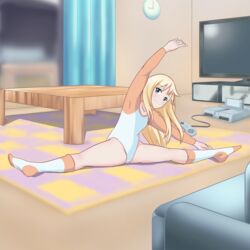  analog_clock arm_up armpits athletic_leotard bad_id bad_pixiv_id blonde_hair blue_eyes blurry borrowed_character clock controller couch curtains depth_of_field exercising female flat_chest flexible freckles full_body game_console game_controller gamepad groin highres indoors kneehighs leaning leotard light_smile long_hair long_sleeves looking_at_viewer no_shoes on_floor original outstretched_arm plantar_flexion raglan_sleeves rug sig_(sfried) smile socks solo split spread_legs straddle_split stretching super_nintendo table television 