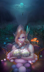  1boy absurdres aircraft armlet blonde_hair bracelet breasts cleavage commentary_request eyeshadow fairy female fireflies glider glowing great_fairy_(zelda) great_fairy_cotera highres jewelry large_breasts link looking_at_viewer makeup midair moon mountain mushroom necklace night night_sky photoshop_(medium) renfan_aky sky smile solo_focus the_legend_of_zelda the_legend_of_zelda:_breath_of_the_wild tree 