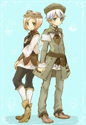  1boy aqua_background aqua_eyes azel_(rune_factory) commentary_request eno_(8-23) female pink_hair rune_factory rune_factory_oceans short_hair sonia_(rune_factory) white_hair 