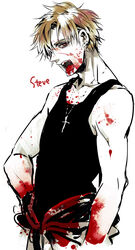  1boy bad_id bad_pixiv_id bare_shoulders blonde_hair blood blood_in_mouth blood_on_clothes blood_splatter character_name fangs hair_over_one_eye hand_on_own_hip hys122211 male_focus open_mouth red_eyes solo steve_leonard tank_top the_saga_of_darren_shan 