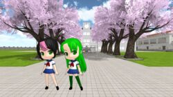  2girls black_hair chibi green_eyes green_hair midori_gurin_(yandere_simulator) mikumikudance_(medium) multiple_girls pink_hair pippi_(osu!) pippi_osu_(yandere_simulator) school_uniform tree yandere_simulator 