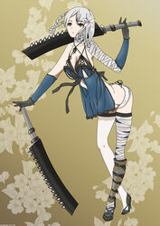  absurdres bandages breasts commentary_request female flower full_body highres kaine_(nier) knightstar large_breasts nier nier_(series) panties photoshop_(medium) short_hair solo sword underwear weapon white_hair 