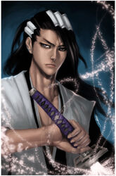  1boy bad_deviantart_id bad_id black_hair bleach dissolving grey_eyes hair_ornament haori japanese_clothes katana kuchiki_byakuya long_hair male_focus petals photoshop_(medium) realistic scowl senbonzakura_(shikai) shikai solo sword taichou_haori the_art_mage upper_body weapon 