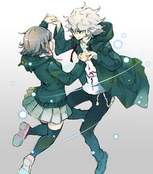  1boy black_thighhighs commentary_request danganronpa_(series) danganronpa_2:_goodbye_despair female gradient_background green_eyes grey_hair hair_ornament hairclip holding_hands hood hoodie jacket komaeda_nagito nanami_chiaki photoshop_(medium) pink_eyes school_uniform short_hair sio_1234 skirt thighhighs white_hair 