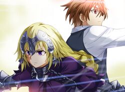  1boy ahoge armor armored_dress blonde_hair braid breasts brown_hair capelet chains cloak commentary_request fate/apocrypha fate_(series) female from_side gauntlets headpiece jeanne_d&#039;arc_(fate) jeanne_d&#039;arc_(ruler)_(fate) junshi_(junbox) large_breasts long_braid long_hair purple_eyes red_eyes shirt short_hair sieg_(fate) single_braid very_long_hair waistcoat white_shirt 