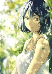  black_eyes black_hair breasts commentary_request dress female medium_breasts original parted_lips sakikko short_hair smile solo strap_gap sundress upper_body 