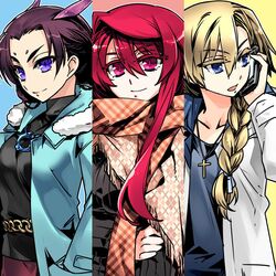  3girls archived_source bad_id bad_link blonde_hair blue_eyes braid breasts brown_hair cellphone coat column_lineup contemporary cross cross_necklace dragon_horns flat_chest hair_over_shoulder highres horns ishida_akira jewelry jpeg_artifacts karyuu_koujo large_breasts long_hair maou_(maoyuu) maoyuu_maou_yuusha multiple_girls necklace onna_kishi_(maoyuu) phone promotional_art purple_eyes red_eyes red_hair scarf single_braid slit_pupils smartphone swept_bangs 