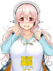  blush breasts camouflage_hoodie cleavage commentary_request female headphones large_breasts long_hair looking_at_viewer nitroplus open_mouth pink_hair pom_pom_(clothes) solo super_sonico tsuji_santa upper_body 