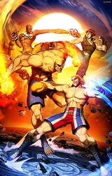  4boys abs bald bangle battle blonde_hair boots boxing_gloves bracelet commentary cross-laced_footwear dhalsim duel earrings english_commentary eyepatch fingerless_gloves fire genzoman gloves goggles goggles_on_head grin hwoarang_(tekken) jewelry kicking knee_boots lace-up_boots male_focus multiple_boys muscular necklace photoshop_(medium) punching sagat shirt shorts skull skull_necklace smile steve_fox street_fighter street_fighter_x_tekken sunset tekken tekken_tag_tournament_2 