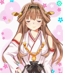  ahoge animated animated bare_shoulders brown_hair commentary_request detached_sleeves double_bun emofuri facing_viewer female flower hair_bun hair_ornament hairband hand_on_own_hip head_tilt headgear incoming_kiss japanese_clothes kantai_collection kongou_(kancolle) long_hair looking_at_viewer md5_mismatch nontraditional_miko open_mouth purple_eyes ribbon-trimmed_sleeves ribbon_trim smile solo ugoira_conversion zonana 