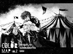  2boys bad_id bad_pixiv_id cape capelet carrying circus darren_shan dated flag formal greyscale holding_hands hys122211 larten_crepsley monochrome multiple_boys necktie open_mouth photoshop_(medium) piggyback scar smile tent the_saga_of_darren_shan vampire 