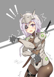  ! !! ^^^ absurdres armor artist_name bad_id bad_pixiv_id between_fingers blush bodysuit braid breasts commentary_request cosplay cowboy_shot dated eyepatch female genji_(overwatch) genji_(overwatch)_(cosplay) grey_background headgear highres holding horns katana light_purple_hair long_hair looking_at_viewer medium_breasts open_mouth overwatch overwatch_1 power_armor purple_eyes sheath shuriken simple_background sirius_(warship_girls_r) skin_tight skindentation solo standing sword thigh_strap warship_girls_r weapon white_background white_hair zhudacaimiao 