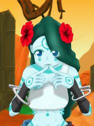  alani alien battleborn blue_skin braid female female fish_girl flower green_hair hair_flowers hair_over_one_eye long_hair webbed_hands 