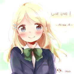  ayase_alisa blazer blonde_hair blue_eyes blush bow character_name commentary_request copyright_name female hair_ornament hairclip jacket kudo_(low_temp) long_hair love_live! love_live!_school_idol_project otonokizaka_school_uniform school_uniform smile solo 