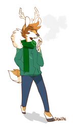  2016 2_frame_animation animated anthro cern_west chew_zi_yue closed_eyes clothed clothing deer fully_clothed hair hi_res male mammal scarf short_hair short_playtime smoking solo walk_cycle walking 