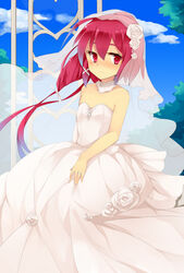  bad_id bad_pixiv_id blush bridal_veil commentary_request dress female hukasikasi i-168_(kancolle) jewelry kantai_collection red_eyes red_hair ring short_hair_with_long_locks smile solo strapless strapless_dress veil wedding_dress wedding_ring 