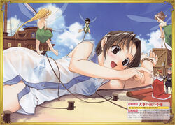  2boys 4girls :d animification armor barefoot blush bound bra brown_eyes brown_hair crown dress fairy giant giantess gulliver&#039;s_travels hidari_(left_side) highres lingerie lying multiple_boys multiple_girls on_side open_mouth panties photoshop_(medium) see-through ship side-tie_panties smile tied_up_(nonsexual) underwear watercraft wet wet_clothes 