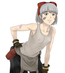  arm_support bandaid bandaid_on_arm bare_shoulders bent_over brown_eyes collarbone commentary_request earrings facial_mark female gloves god_eater god_eater_burst goggles goggles_on_head green_hair grey_hair hamushima jewelry kusunoki_rikka leaning_forward no_bra photoshop_(medium) short_hair simple_background smile solo stud_earrings tank_top white_background 