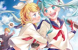  1boy 2girls :d aqua_eyes arm_grab blonde_hair blue_eyes blush closed_eyes commentary_request graduation hatsune_miku kagamine_len kagamine_rin long_hair midriff multiple_girls open_mouth sakikko school_uniform serafuku smile twintails vocaloid 