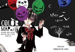  1boy bad_id bad_pixiv_id balloon black_hair bow brown_eyes cape crescent_moon darren_shan dated english_text hair_over_one_eye hys122211 male_focus moon necktie silk smile solo spider_web string the_saga_of_darren_shan tree vampire 