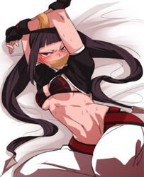  aiba-tsukiko alternate_costume alternate_hairstyle angry bed_sheet bikini bikini_top_only black_gloves black_hair blush bondage bondage bound bound_arms breasts cleavage dagger female fingerless_gloves gloves hair_horns juri_han knife long_hair looking_at_viewer lying medium_breasts midriff navel on_back photoshop_(medium) sideboob solo street_fighter street_fighter_iv_(series) swimsuit underboob weapon 