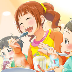  black_hair blush brown_hair closed_eyes commentary_request eating female food idolmaster idolmaster_(classic) open_mouth photoshop_(medium) raglan_sleeves solo_focus spoon takatsuki_yayoi twintails yachiwo 