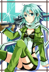  anti-materiel_rifle blue_eyes blue_hair bolt_action commentary_request female fingerless_gloves gloves gun pgm_hecate_ii rifle scarf short_hair short_shorts shorts sinon sniper_rifle sword_art_online tm-pika weapon 