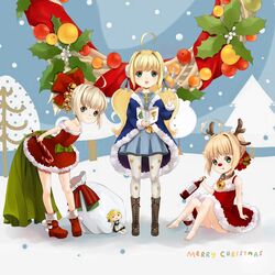  3girls aged_down ahoge alternate_costume animal_ears antlers artoria_pendragon_(fate) bag bare_shoulders bell blonde_hair book boots bottle bow brown_footwear candy candy_cane character_doll christmas collar commentary cross cup deer_ears dress drinking_glass fate/stay_night fate_(series) food green_eyes hair_bell hair_ornament holly horns jingle_bell merry_christmas multiple_girls multiple_persona neck_bell okran panties pantyhose pantyshot print_pantyhose saber_(fate) sack santa_boots santa_costume sitting star_(symbol) star_print underwear white_pantyhose wine_bottle wine_glass 