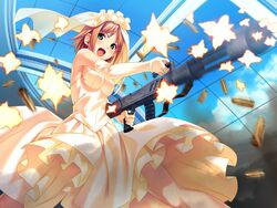  :d bare_shoulders blush breasts bridal_veil casing_ejection day dress elbow_gloves eyebrows female firing from_below game_cg gatling_gun gloves gown green_eyes gun highres holding holding_gun holding_weapon indoors koutaro legs_apart looking_at_viewer medium_breasts minazuki_izumi motion_blur open_mouth orange_hair petticoat shell_casing short_hair sideboob sky skylight skylight_(architecture) smile solo strapless strapless_dress tropical_kiss two-handed v-shaped_eyebrows veil weapon wedding_dress white_gloves yellow_dress 